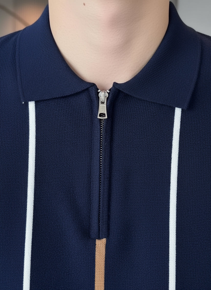 Men's Full Size Striped Zip Collar Short Sleeve Knit Polo Shirt Plus Size